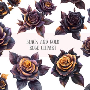 Aquarelle noir et or Rose Clipart fleur bouquet de fleurs PNG Image numérique à télécharger pour la fabrication de cartes Scrapbooking Journal indésirable artisanat en papier
