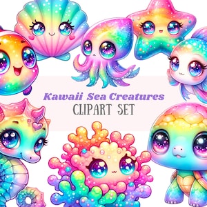Acuarela Kawaii Sea Creature Clipart Rainbow Sea Animals PNG Descargas de imágenes digitales para hacer tarjetas Scrapbook Junk Journal Paper Crafts
