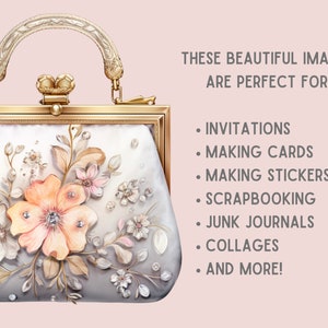 May include: A vintage-style, gold-toned clutch purse with a floral design. The purse has a clasp closure and a top handle. The floral design features delicate flowers and leaves in shades of peach, white, and gold.