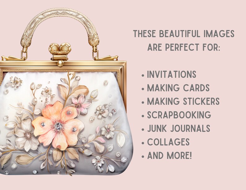 May include: A vintage-style, gold-toned clutch purse with a floral design. The purse has a clasp closure and a top handle. The floral design features delicate flowers and leaves in shades of peach, white, and gold.