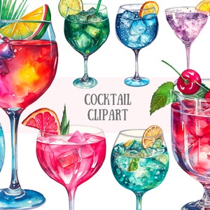 Cocktail colorati dell'acquerello Clipart Cocktail Hour Menu PNG Download di immagini digitali per la creazione di cartoline Scrapbook Junk Journal Paper Crafts