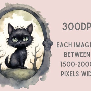 May include: A black cat with green eyes sits in a watercolor painting of an oval frame. The cat is looking at the viewer with a slight smile. The background is a light brown color with a watercolor effect.