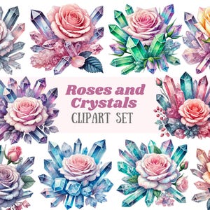 Watercolour Roses and Crystals Clipart Boho Floral Mystical Crystal PNG Digital Image Downloads for Card Making Scrapbook Junk Journal