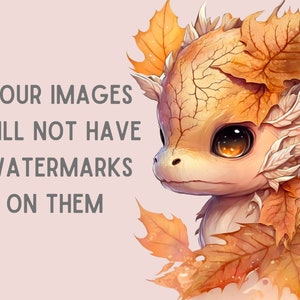 K&ouml;nnte beinhalten: Digitale Illustration eines niedlichen, cartoonartigen Drachen mit gro&szlig;en, ausdrucksstarken Augen. Der Drache ist mit Herbstbl&auml;ttern in Orange- und Gelbt&ouml;nen geschm&uuml;ckt. Der Text lautet: "IHRE BILDER WERDEN KEINE WASSERZEICHEN HABEN."
