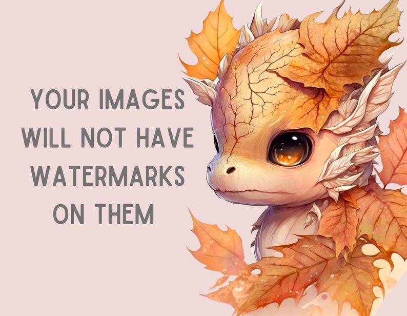 K&ouml;nnte beinhalten: Digitale Illustration eines niedlichen, cartoonartigen Drachen mit gro&szlig;en, ausdrucksstarken Augen. Der Drache ist mit Herbstbl&auml;ttern in Orange- und Gelbt&ouml;nen geschm&uuml;ckt. Der Text lautet: "IHRE BILDER WERDEN KEINE WASSERZEICHEN HABEN."