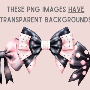 May include: Three watercolour bows with pink and black polka dots. The bows are tied with black ribbon and have a white background.