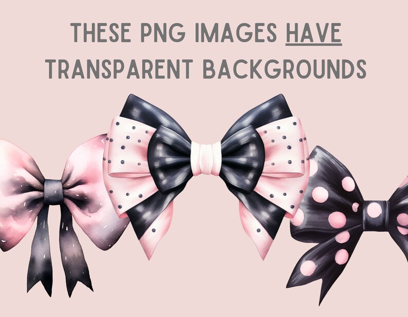 May include: Three watercolour bows with pink and black polka dots. The bows are tied with black ribbon and have a white background.