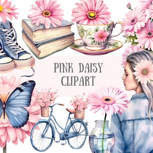 Aquarell rosa Gänseblümchen Clipart Denim Mode Mädchen PNG digitale Bild-Downloads für die Kartenherstellung Scrapbook Junk Journal Papierhandwerk
