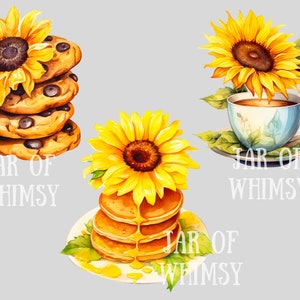 Puede incluir: Tres ilustraciones de acuarela con girasoles y el texto "Jar of Whimsy". La primera imagen muestra una pila de galletas con chispas de chocolate con un girasol en la parte superior. La segunda imagen muestra una taza de t&eacute; con un girasol en la parte superior. La tercera imagen muestra una pila de panqueques con un girasol en la parte superior y un chorrito de miel.
