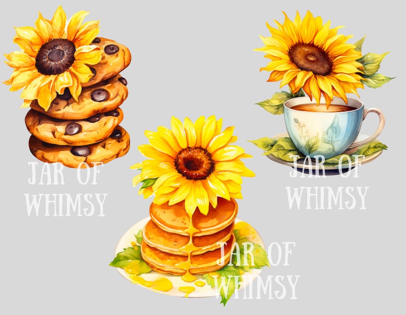 Puede incluir: Tres ilustraciones de acuarela con girasoles y el texto "Jar of Whimsy". La primera imagen muestra una pila de galletas con chispas de chocolate con un girasol en la parte superior. La segunda imagen muestra una taza de t&eacute; con un girasol en la parte superior. La tercera imagen muestra una pila de panqueques con un girasol en la parte superior y un chorrito de miel.