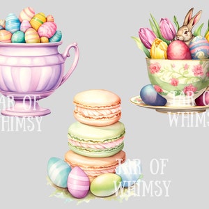 Op de afbeelding: Waterverfillustratie met Pasen als thema. Een roze suikerpot stroomt over met versierde eieren. Een kopje bevat tulpen, een konijn en eieren. Macarons en meer eieren zijn ook afgebeeld. De tekst "JAR OF WHIMSY" is aanwezig.