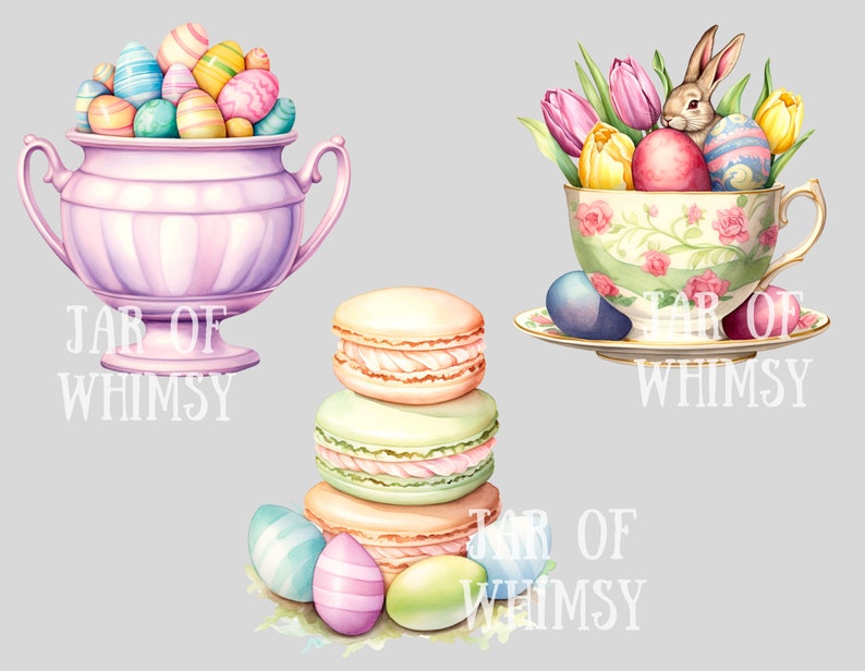 Op de afbeelding: Waterverfillustratie met Pasen als thema. Een roze suikerpot stroomt over met versierde eieren. Een kopje bevat tulpen, een konijn en eieren. Macarons en meer eieren zijn ook afgebeeld. De tekst "JAR OF WHIMSY" is aanwezig.