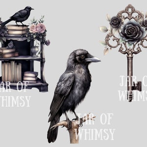 Op de afbeelding: Drie digitale illustraties met de tekst "Jar of Whimsy" in wit. De eerste illustratie is een zwarte kraai die op een boekenplank zit met boeken en een vaas. De tweede illustratie is een zwarte kraai die op een tak zit. De derde illustratie is een gouden sleutel met zwarte rozen.