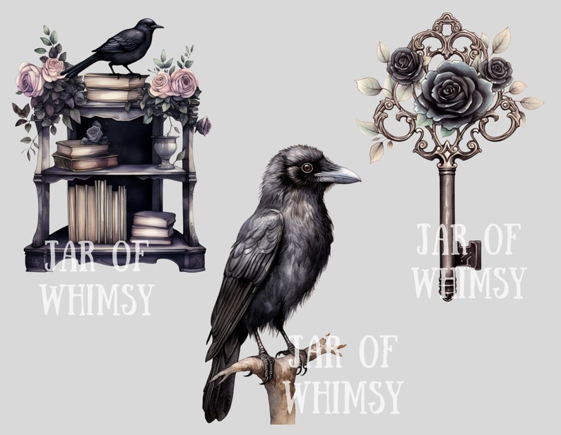 Op de afbeelding: Drie digitale illustraties met de tekst "Jar of Whimsy" in wit. De eerste illustratie is een zwarte kraai die op een boekenplank zit met boeken en een vaas. De tweede illustratie is een zwarte kraai die op een tak zit. De derde illustratie is een gouden sleutel met zwarte rozen.