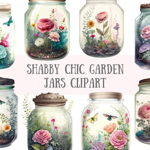 Aquarell Shabby Chic Garten Gläser Clipart - Fantasy PNG digitale Bild Downloads für die Kartenherstellung, Scrapbook, Junk Journal, Papierhandwerk