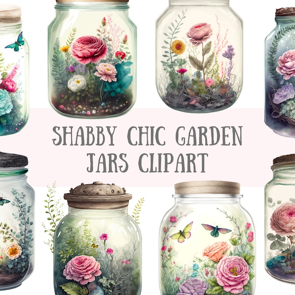 Watercolour Shabby Chic Garden Jars Clipart - Fantasy PNG Digital Image Downloads for Card Making, Scrapbook, Junk Journal, Paper Crafts