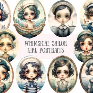 Aquarelle lunatique marin fille Clipart Nautical Girl PNG Image numérique à télécharger pour la fabrication de cartes Scrapbook Junk Journal travaux manuels en papier