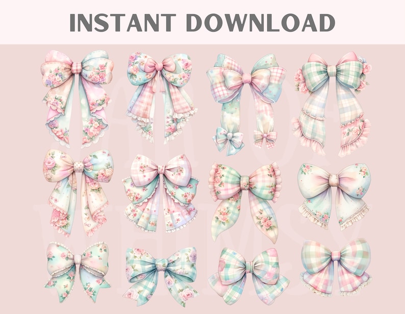 Puede incluir: Doce ilustraciones de acuarela de lazos de color rosa pastel, azul y verde con motivos florales. Los lazos est&aacute;n dispuestos en cuatro filas de tres.