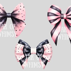May include: Three pink and black bows with polka dots and stripes. The bows are tied with a black ribbon and have the text "JAR OF WHIMSY" printed on them.