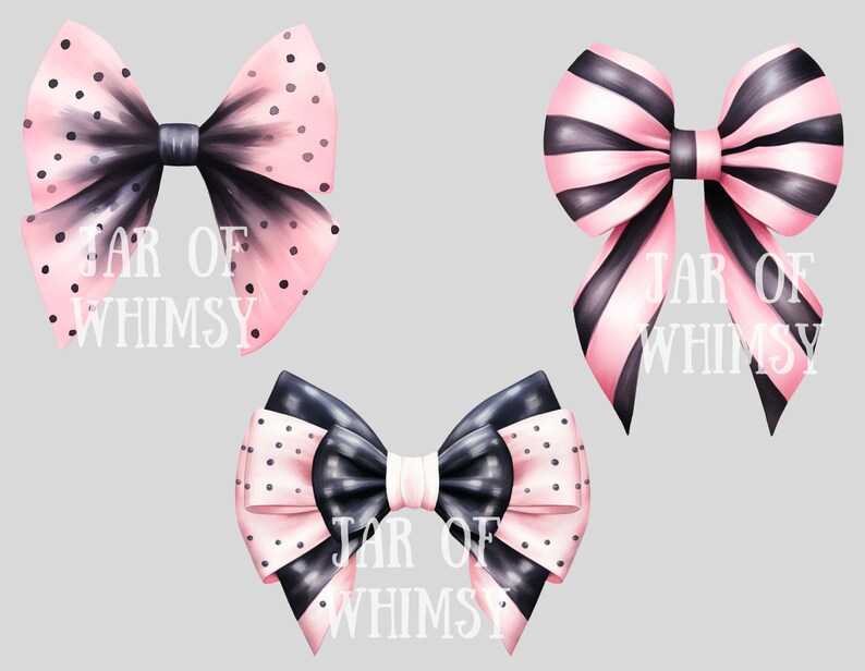 May include: Three pink and black bows with polka dots and stripes. The bows are tied with a black ribbon and have the text "JAR OF WHIMSY" printed on them.