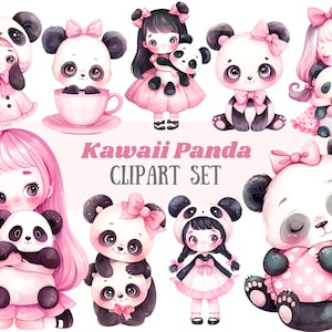 Acuarela Panda Clipart Kawaii Panda Girl Rosa y Negro PNG Descarga de imagen digital para hacer tarjetas Scrapbook Junk Journal Paper Craft