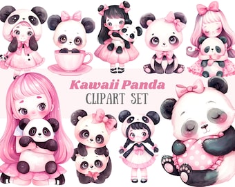 May include: A set of digital clipart featuring cute cartoon pandas and girls in pink dresses. The pandas are wearing pink bows and holding hearts. The girls are holding pandas and wearing pink dresses with bows. The text "Kawaii Panda Clipart Set" is written in pink letters.