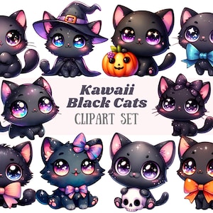 Acuarela Kawaii Gato Negro Clipart Chibi Halloween Gato PNG Descarga de imagen digital para hacer tarjetas Scrapbook Junk Journal Paper Craft