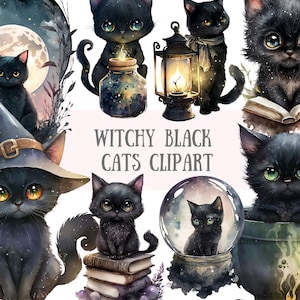 Aquarel Witchy Black Cat Clipart Halloween Cats PNG Digitale afbeeldingsdownloads voor kaarten maken Scrapbook Junk Journal Paper Crafts