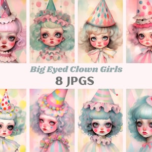 Acuarela Big Eyed Clown Girl Clipart Circus Girl Art JPG Descargas de imágenes digitales para hacer tarjetas Scrapbook Junk Journal Paper Crafts