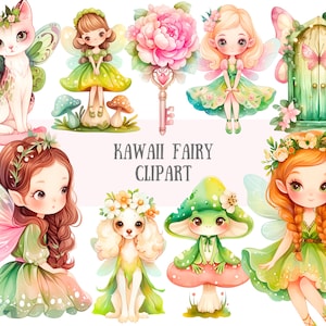 Aquarelle Kawaii fée Clipart fée champignon Chibi mignon PNG Image numérique à télécharger pour la fabrication de cartes Scrapbook Junk Journal créations en papier