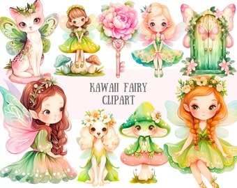 May include: A set of digital illustrations featuring cute fairies, a cat, a frog, a dog, a flower, a key, and a door. The illustrations are in a watercolor style and feature pastel colors.