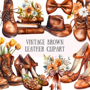 Aquarell Vintage Braun Leder Clipart Leder Schuhe PNG digitale Bild Download für die Kartenherstellung Scrapbook Junk Journal Papierhandwerk