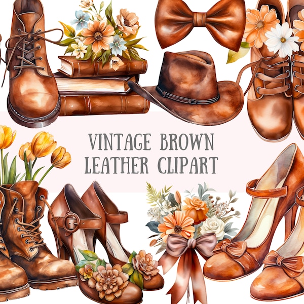 Watercolour Vintage Brown Leather Clipart Leather Shoes PNG Digital Image Download for Card Making Scrapbook Junk Journal Paper Craft