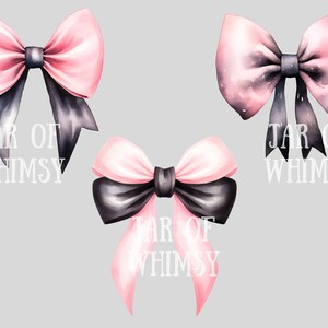 May include: Three watercolour illustrations of pink and black bows with the text "Jar of Whimsy" below each bow.
