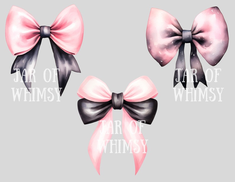 May include: Three watercolour illustrations of pink and black bows with the text "Jar of Whimsy" below each bow.