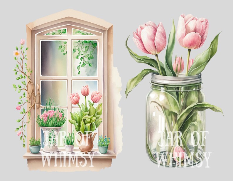 Watercolour Vintage Pink Tulip Clipart Pink Spring Flower PNG Digital Image Downloads for Card Making Scrapbook Junk Journal Paper Crafts image 8