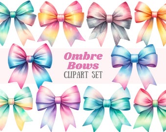 Watercolour Ombre Bow Clipart Cute Pastel Gradient Bow PNG Digital Image Downloads for Card Making Scrapbook Junk Journal Paper Crafts