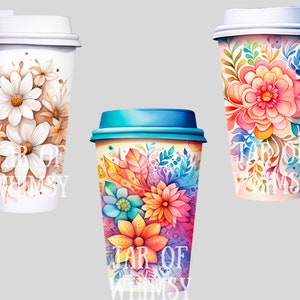 May include: Three different designs of to-go coffee cups with floral patterns. The cups are white, blue, and pink with colorful flowers and leaves. The text "Jar of Whimsy" is printed on each cup.
