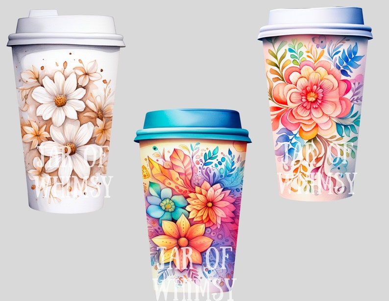 May include: Three different designs of to-go coffee cups with floral patterns. The cups are white, blue, and pink with colorful flowers and leaves. The text "Jar of Whimsy" is printed on each cup.
