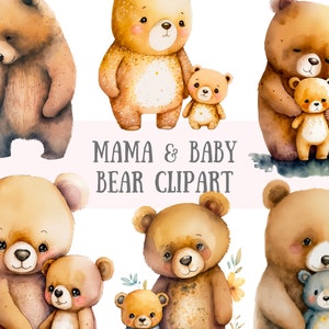 Clipart aquarelle maman et bébé ours - maman ours PNG image numérique à télécharger pour la fabrication de cartes, scrapbooking, journal indésirable, travaux manuels en papier