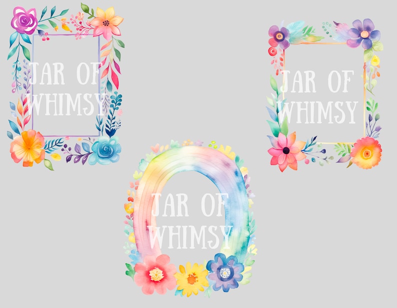 May include: Three watercolour illustrations of floral wreaths with the text "JAR OF WHIMSY" inside each wreath. The top two wreaths are square and the bottom wreath is a rainbow.