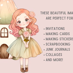 Puede incluir: Una ilustraci&oacute;n digital de una ni&ntilde;a con cabello rosado que lleva un vestido verde y sostiene una rosa rosa. Est&aacute; de pie frente a una casa de hongo blanco con una puerta marr&oacute;n.