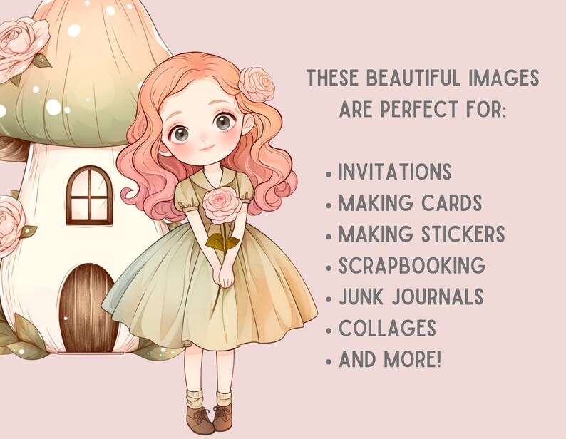 Puede incluir: Una ilustraci&oacute;n digital de una ni&ntilde;a con cabello rosado que lleva un vestido verde y sostiene una rosa rosa. Est&aacute; de pie frente a una casa de hongo blanco con una puerta marr&oacute;n.