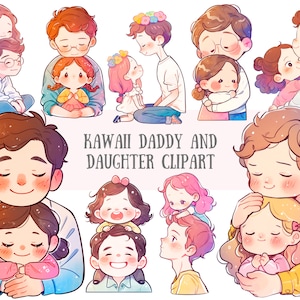 Aquarell Kawaii Daddy und Tochter Clipart Papa Vatertag PNG digitale Bild-Downloads für die Kartenherstellung Scrapbook Junk Journal Paper Craft