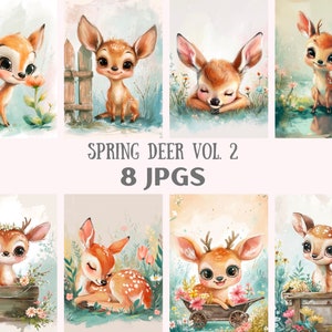 Aquarelle printemps cerf Clipart Pâques bébé faon JPG téléchargements d'images numériques pour la fabrication de cartes scrapbooking Journal indésirable artisanat en papier
