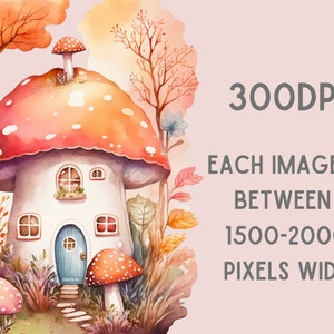 K&ouml;nnte beinhalten: Aquarellillustration eines skurrilen Pilzhauses mit roter und wei&szlig; gepunkteter Kappe. Das Haus hat eine blaue T&uuml;r und kleine Fenster, umgeben von farbenfrohem Laub und anderen Pilzen. Text lautet "300DPI" und "EACH IMAGE IS BETWEEN 1500-2000 PIXELS WIDE."
