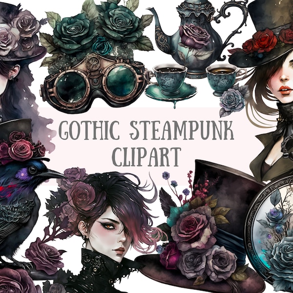 Watercolour Gothic Steampunk Clipart - Dark Fairytale Fantasy PNG Digital Image Downloads for Card Making, Scrapbook, Junk Journal, Crafts