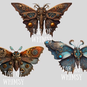 May include: Three steampunk-style butterfly designs with intricate gears and clockwork details. The butterflies are in shades of brown, blue, and white with accents of gold and turquoise. The text "JAR OF WHIMSY" appears below each butterfly.
