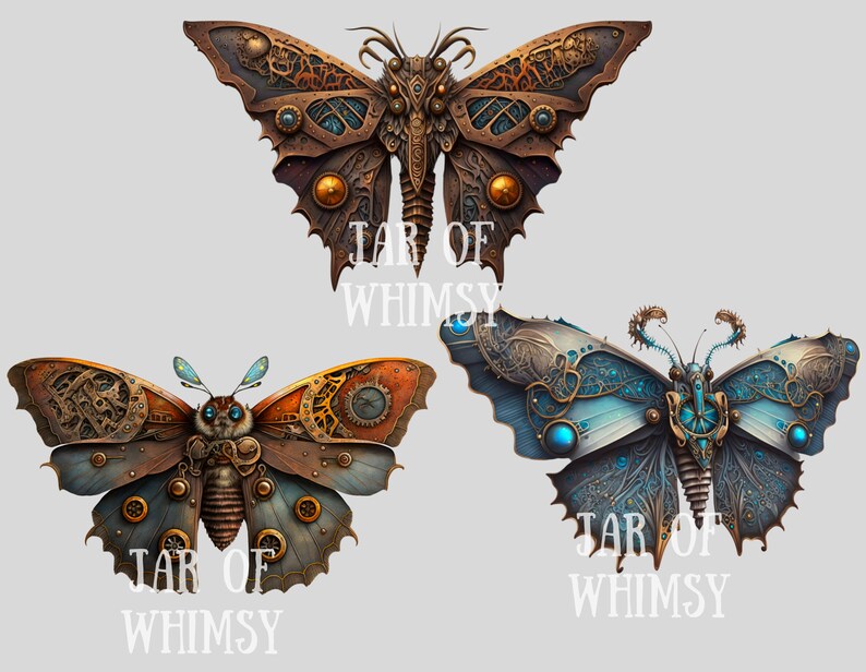 May include: Three steampunk-style butterfly designs with intricate gears and clockwork details. The butterflies are in shades of brown, blue, and white with accents of gold and turquoise. The text "JAR OF WHIMSY" appears below each butterfly.