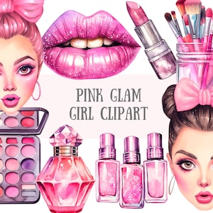 Aquarel roze glamour meisje clipart make-up mode meisjes png digitale afbeelding downloads voor kaarten maken plakboek junk dagboek papier ambachten